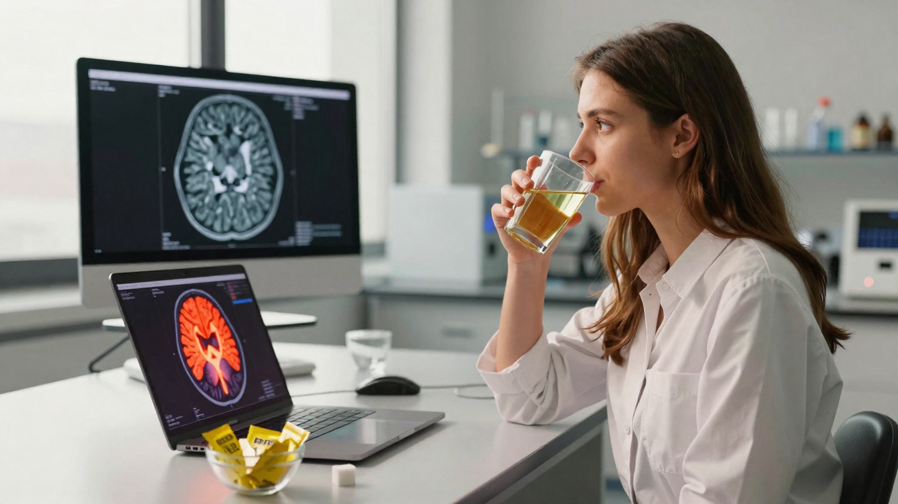 Jeune femme en blouse blanche buvant un verre devant des images cérébrales affichées sur ordinateur au laboratoire.