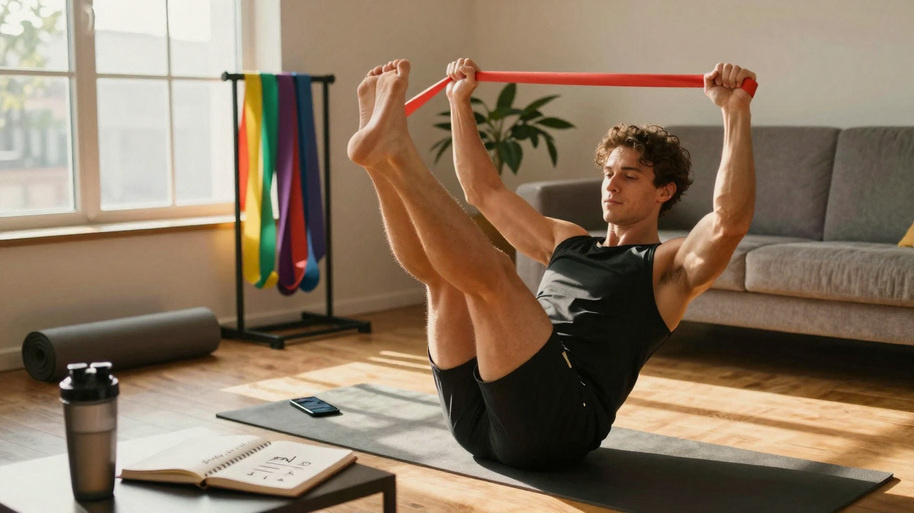Homme en tenue de sport faisant des exercices avec bande élastique sur tapis dans un salon lumineux.