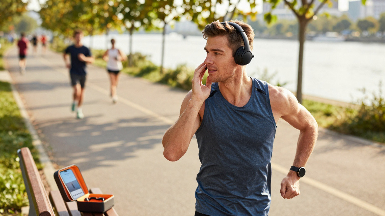 Homme en débardeur bleu courant avec casque audio sur une piste cyclable au bord de l'eau par temps ensoleillé.