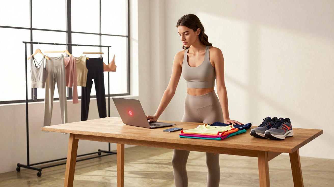 Femme en tenue de sport beige travaillant sur ordinateur portable devant table avec vêtements et baskets de sport.