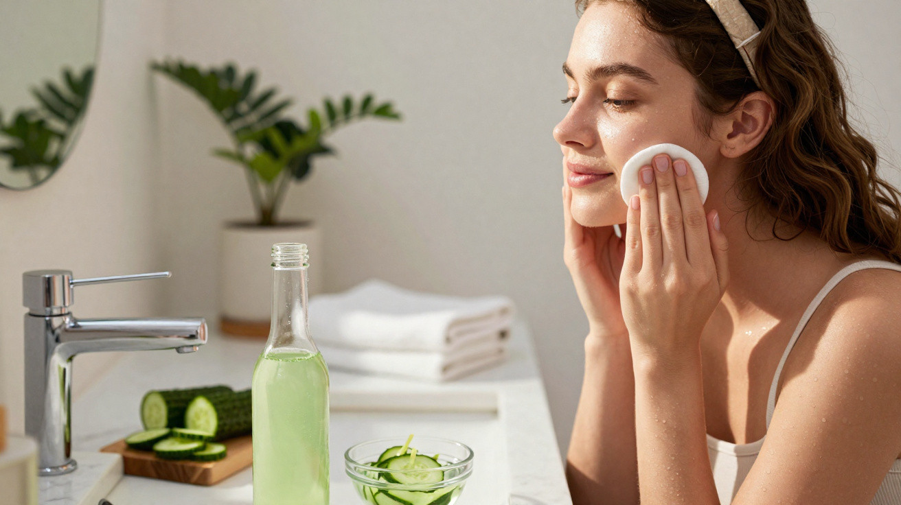 Femme appliquant un soin du visage naturel avec un disque démaquillant dans une salle de bain lumineuse.
