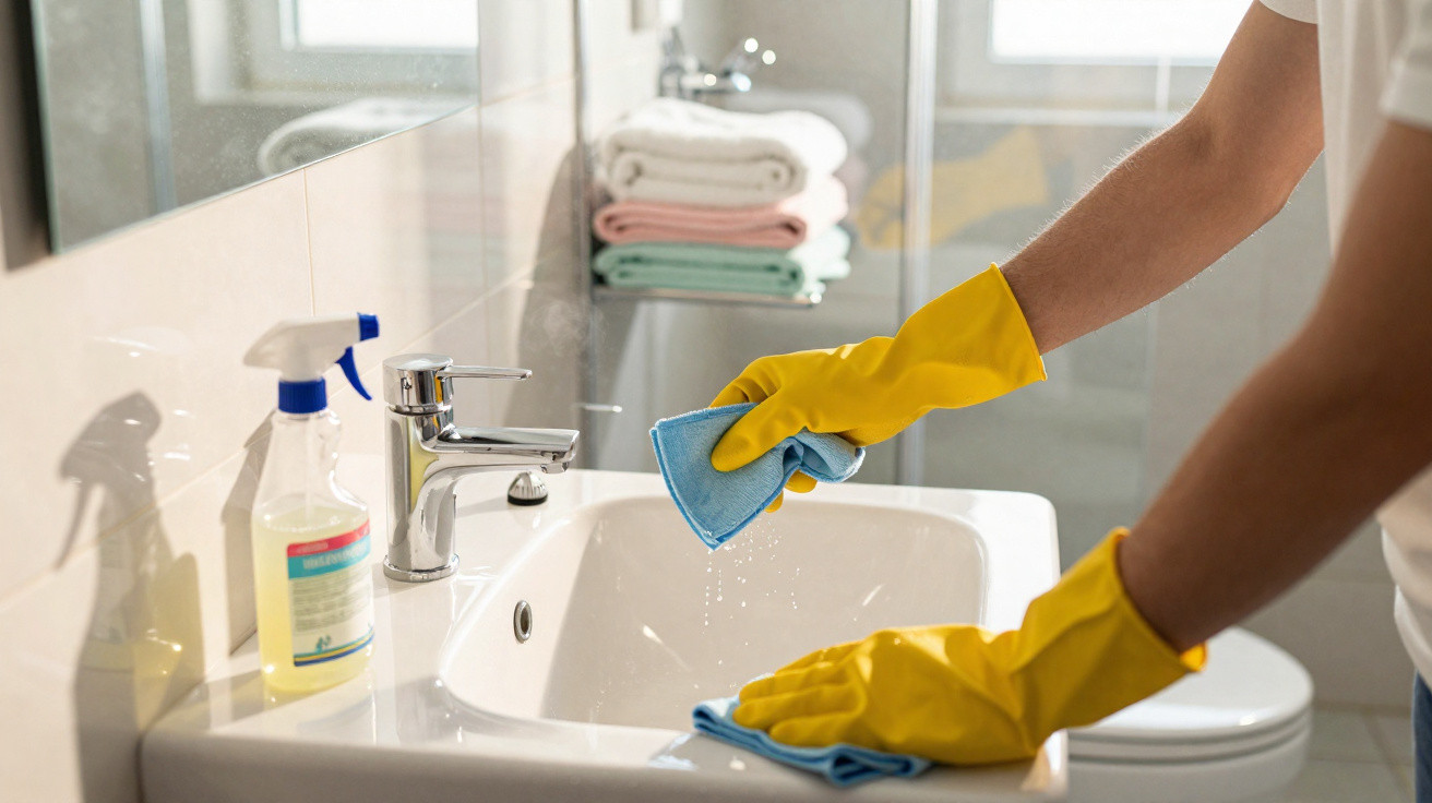Personne en gants jaunes nettoyant un lavabo blanc avec un chiffon bleu dans une salle de bains.