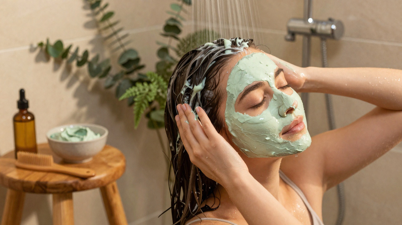 Femme sous la douche avec un masque facial vert, mains dans les cheveux, ambiance détente et soins naturels.
