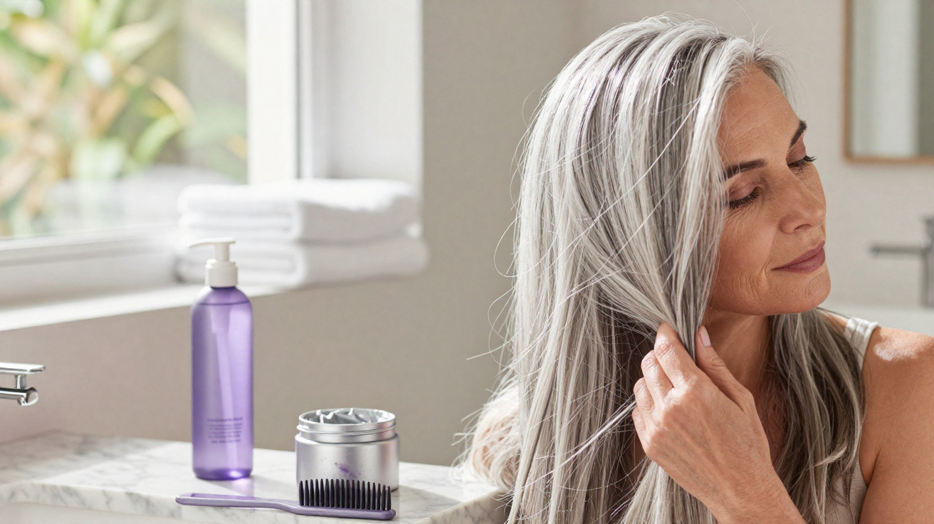 Femme aux cheveux gris soignant sa chevelure près d’un lavabo avec produits capillaires sur le bord.