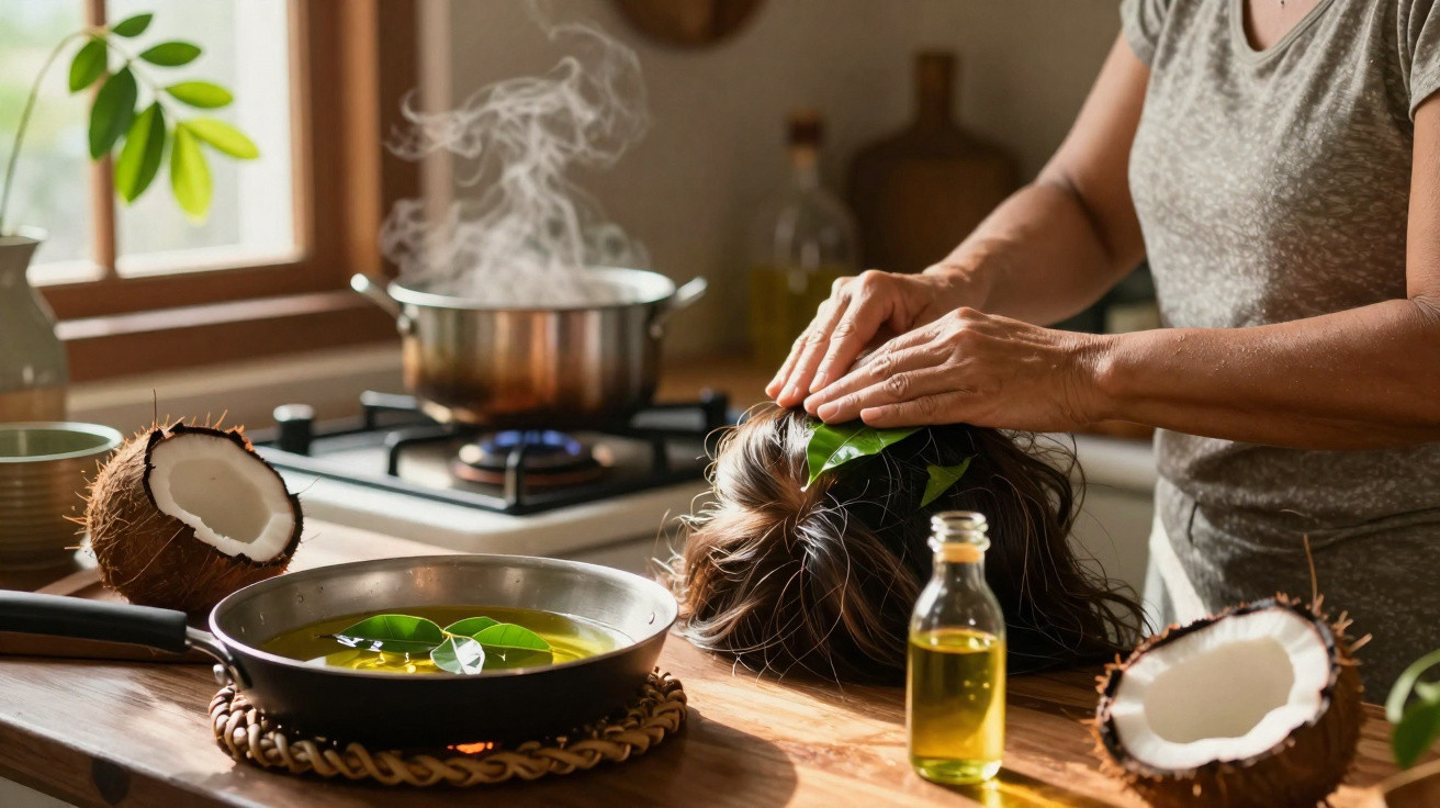 Personne appliquant une feuille de plante sur la tête d’une autre, huile naturelle et ingrédients dans une cuisine.