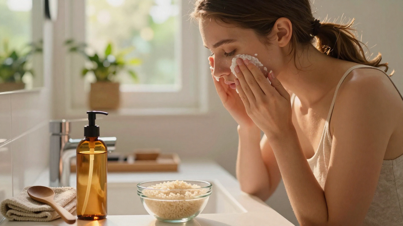 Jeune femme appliquant un gommage visage dans une salle de bain lumineuse au matin.
