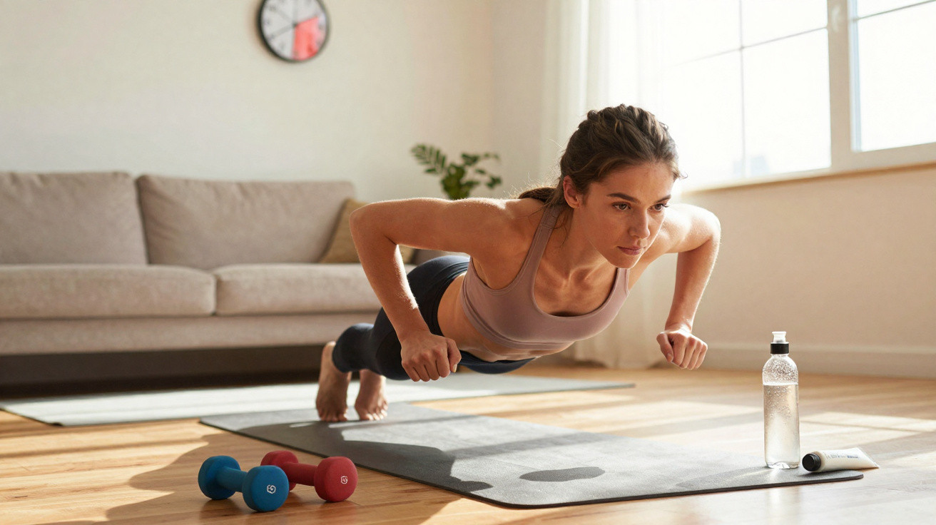 Femme effectuant des pompes sur un tapis de yoga dans un salon lumineux avec haltères et bouteille d'eau.