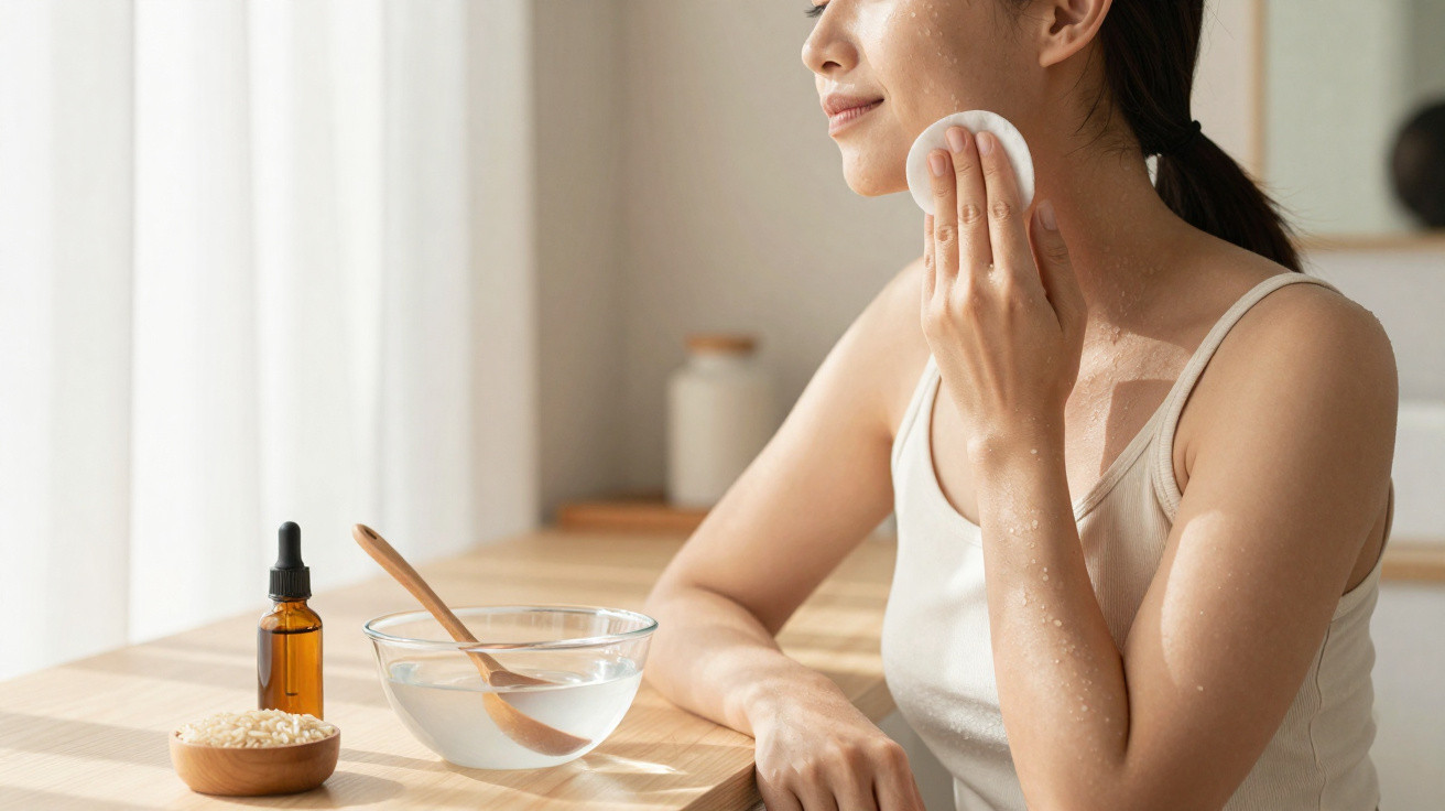 Femme appliquant un coton imbibé de lotion sur son visage près d'ingrédients naturels sur une table en bois.