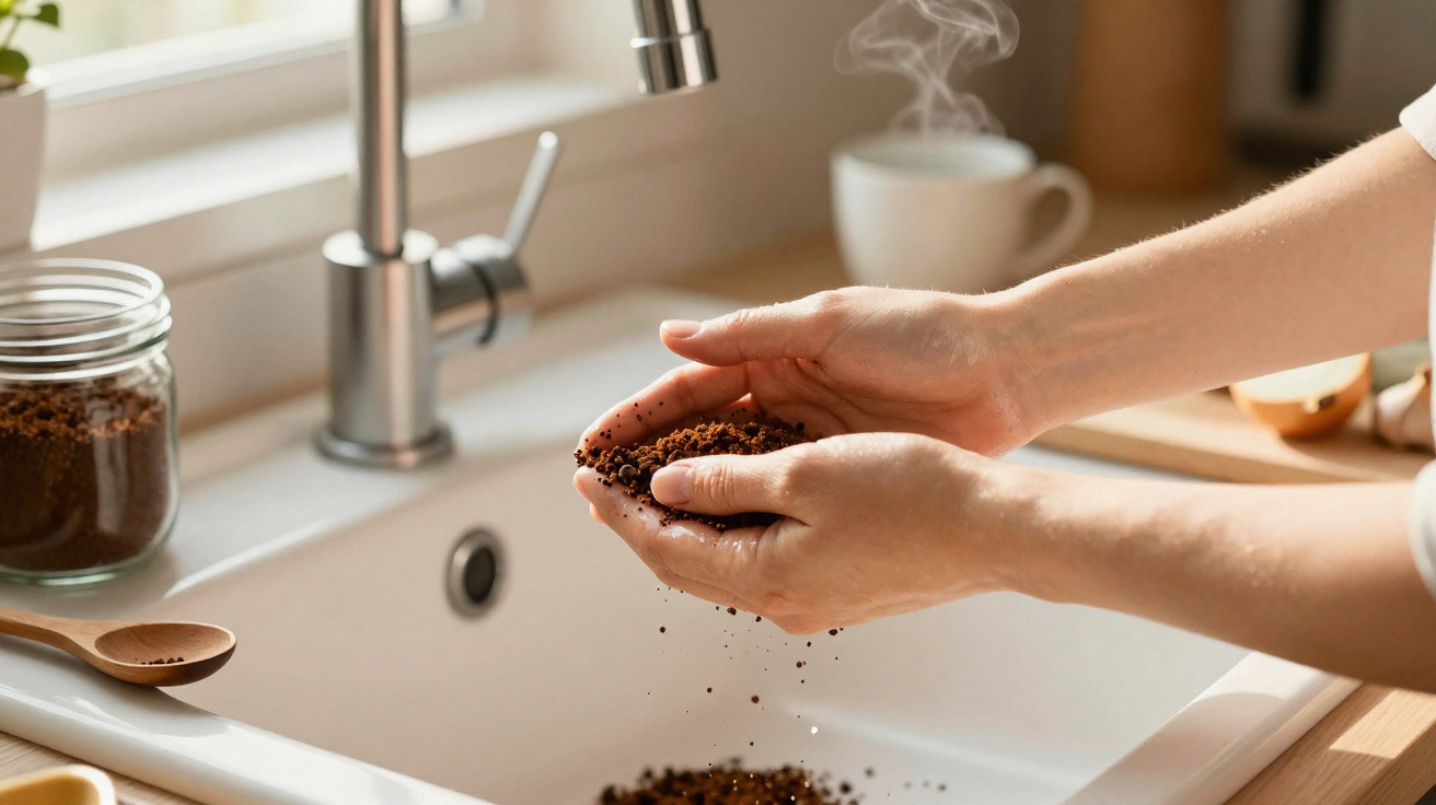 Mains tenant du café moulu au-dessus d’un évier avec une tasse fumante en arrière-plan.