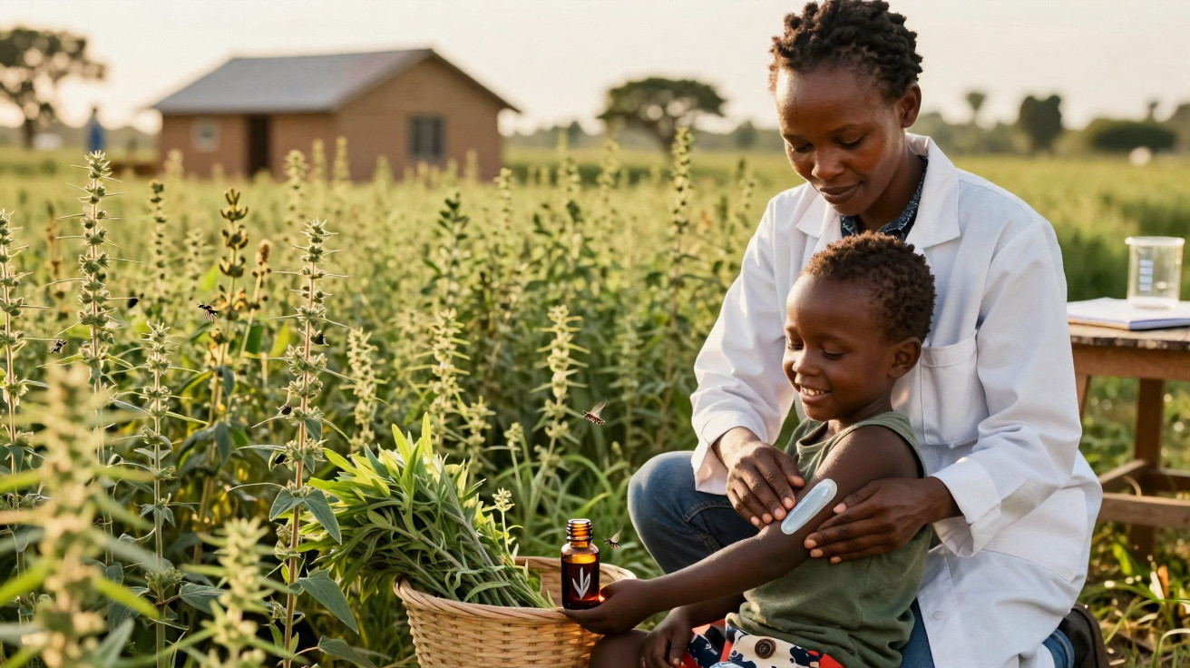 Une femme en blouse blanche applique un dispositif médical sur le bras d'un enfant dans un champ de plantes.