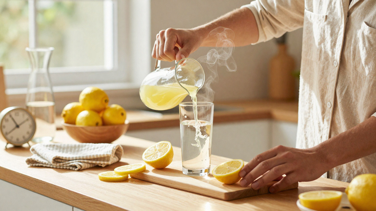 Une personne verse une boisson chaude au citron dans un verre sur un plan de travail en bois.