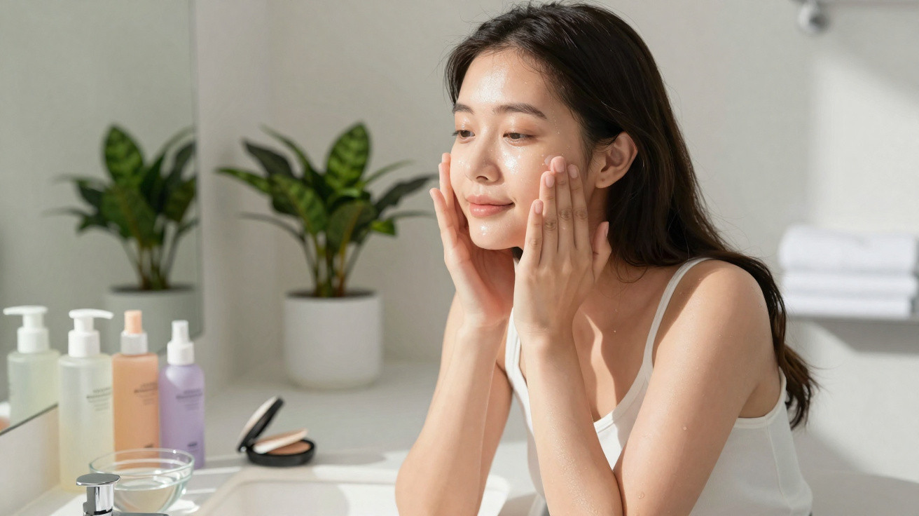 Jeune femme asiatique appliquant de la crème hydratante sur son visage dans une salle de bain lumineuse.
