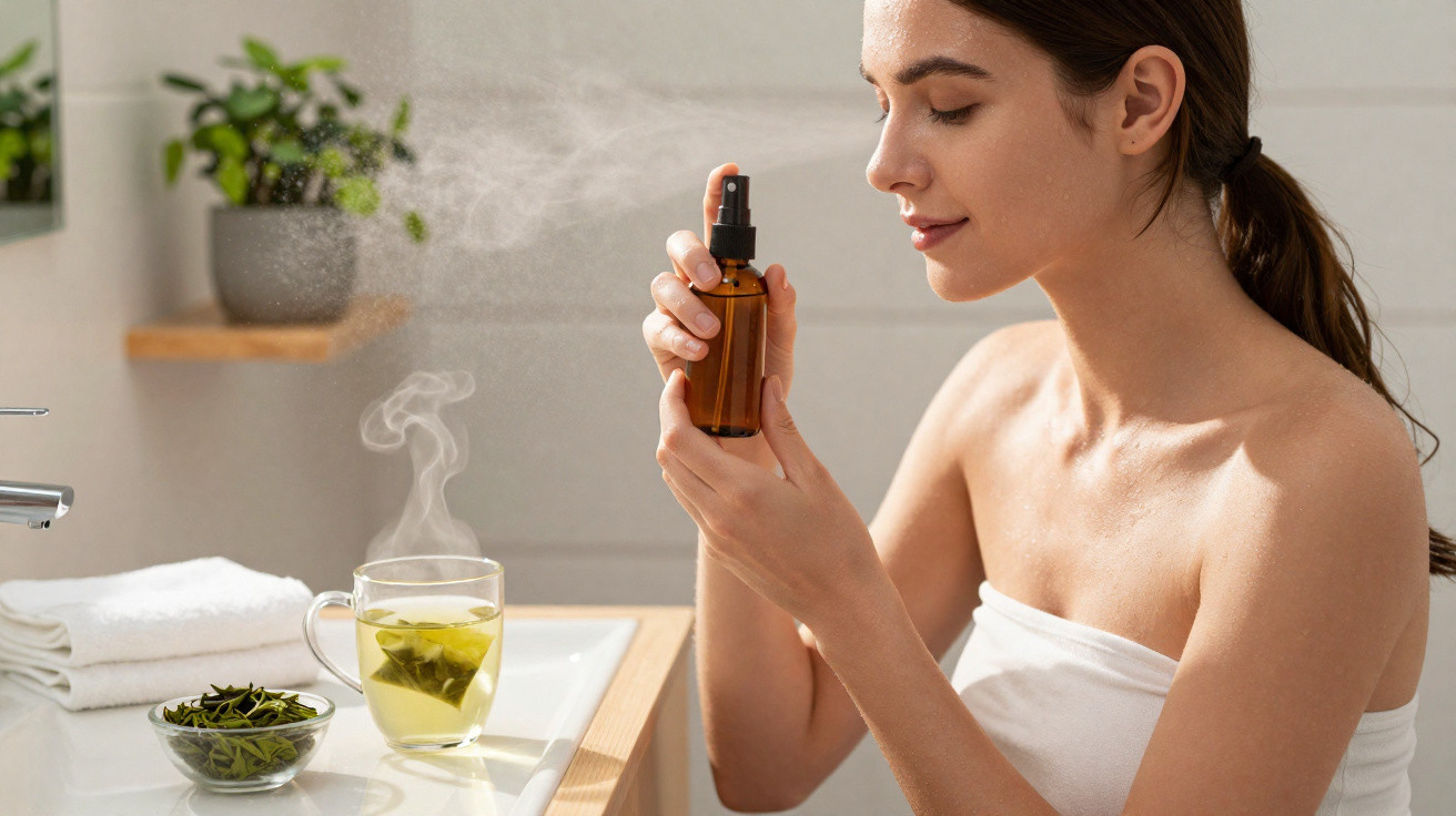 Femme avec un peignoir blanc vaporisant un spray sur son visage dans une salle de bain lumineuse.
