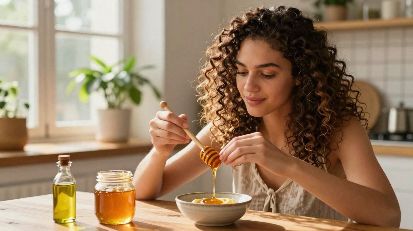 Femme aux cheveux bouclés versant du miel dans un bol dans une cuisine lumineuse.