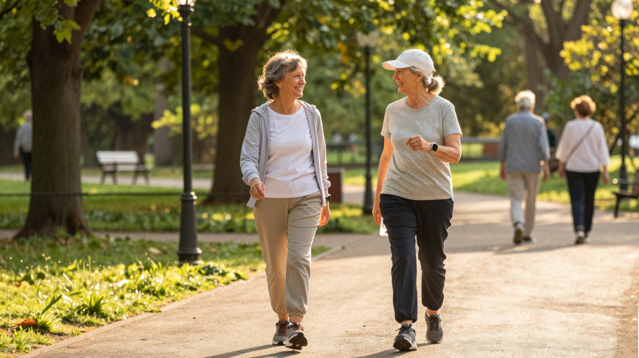 Deux femmes âgées souriantes marchant dans un parc ensoleillé avec arbres et bancs.
