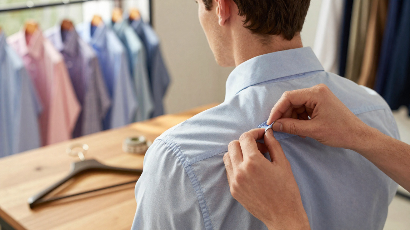 Une personne ajuste l'étiquette d'une chemise bleu clair portée par un homme de dos.