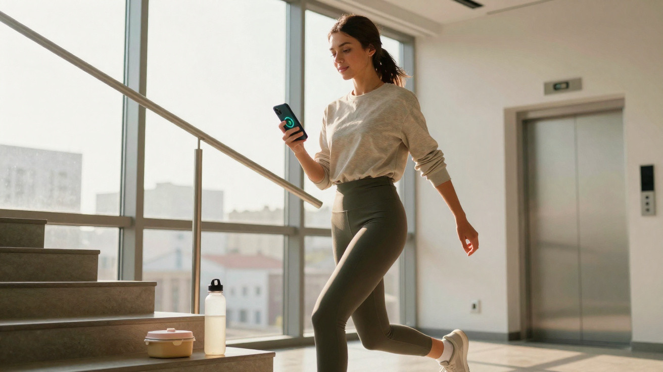 Jeune femme sportive montant les escaliers en regardant son smartphone dans un espace lumineux moderne.