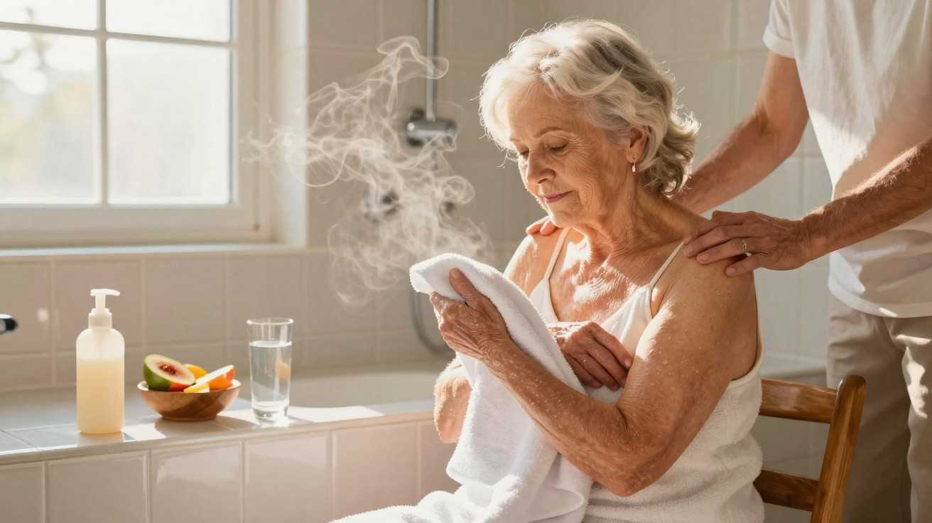 Femme âgée enveloppée dans une serviette, recevant un massage des épaules dans une salle de bain lumineuse.