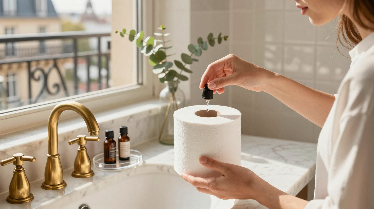 Une personne verse quelques gouttes d'huile essentielle sur un rouleau de papier toilette dans une salle de bain.