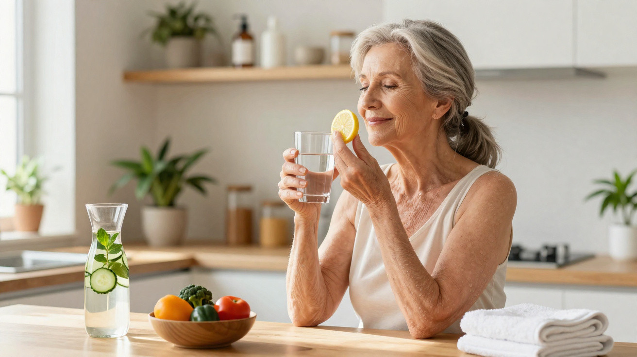 Femme âgée appréciant un verre d'eau citronnée dans une cuisine lumineuse avec légumes frais et serviettes.