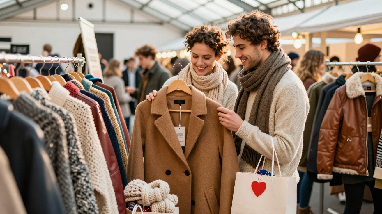 Couple souriant en écharpes choisissant un manteau camel dans une boutique de vêtements chaleureuse.