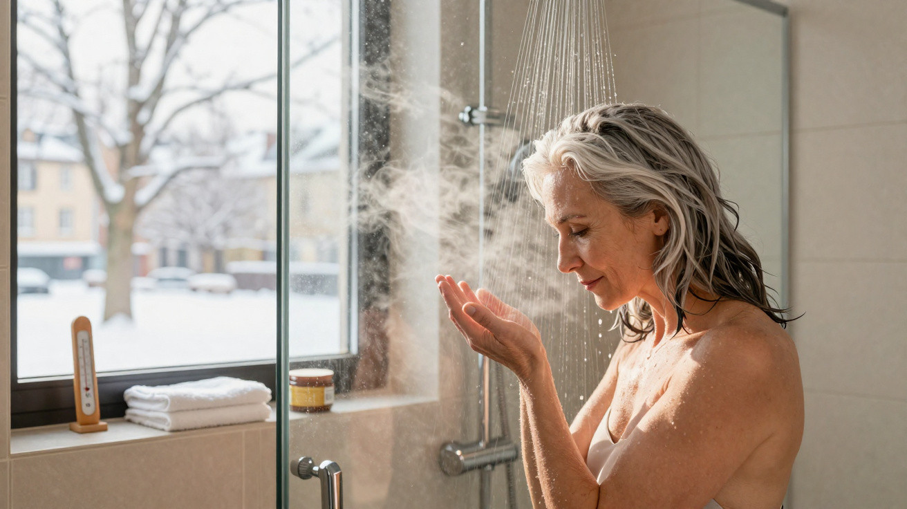Femme mûre sous la douche avec vapeur, fenêtre donnant sur un paysage hivernal extérieur.