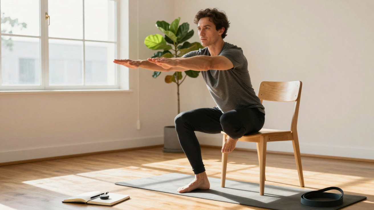 Homme effectuant un exercice de squat sur une chaise dans une pièce lumineuse avec tapis de yoga.
