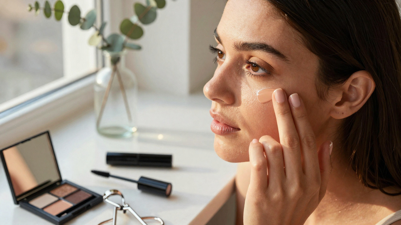 Femme appliquant un soin contour des yeux près d’une fenêtre avec maquillage posé sur le rebord.