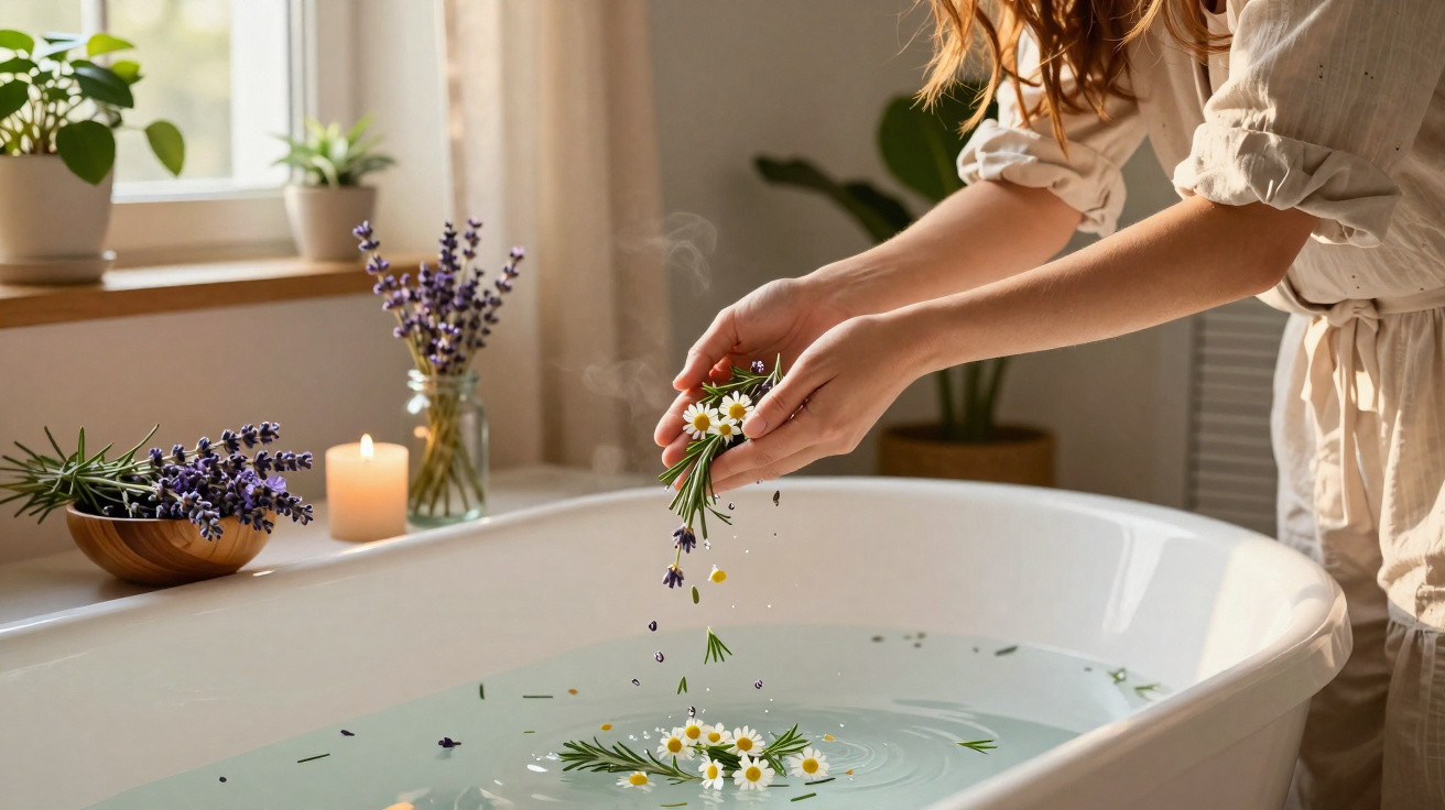 Une personne verse des fleurs et des herbes aromatiques dans une baignoire remplie d'eau.