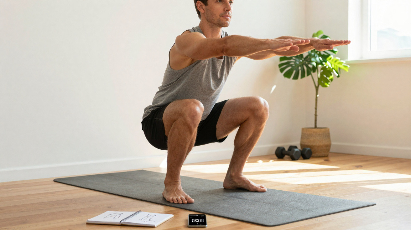 Homme en tenue de sport effectuant un squat sur un tapis de yoga dans une pièce lumineuse.