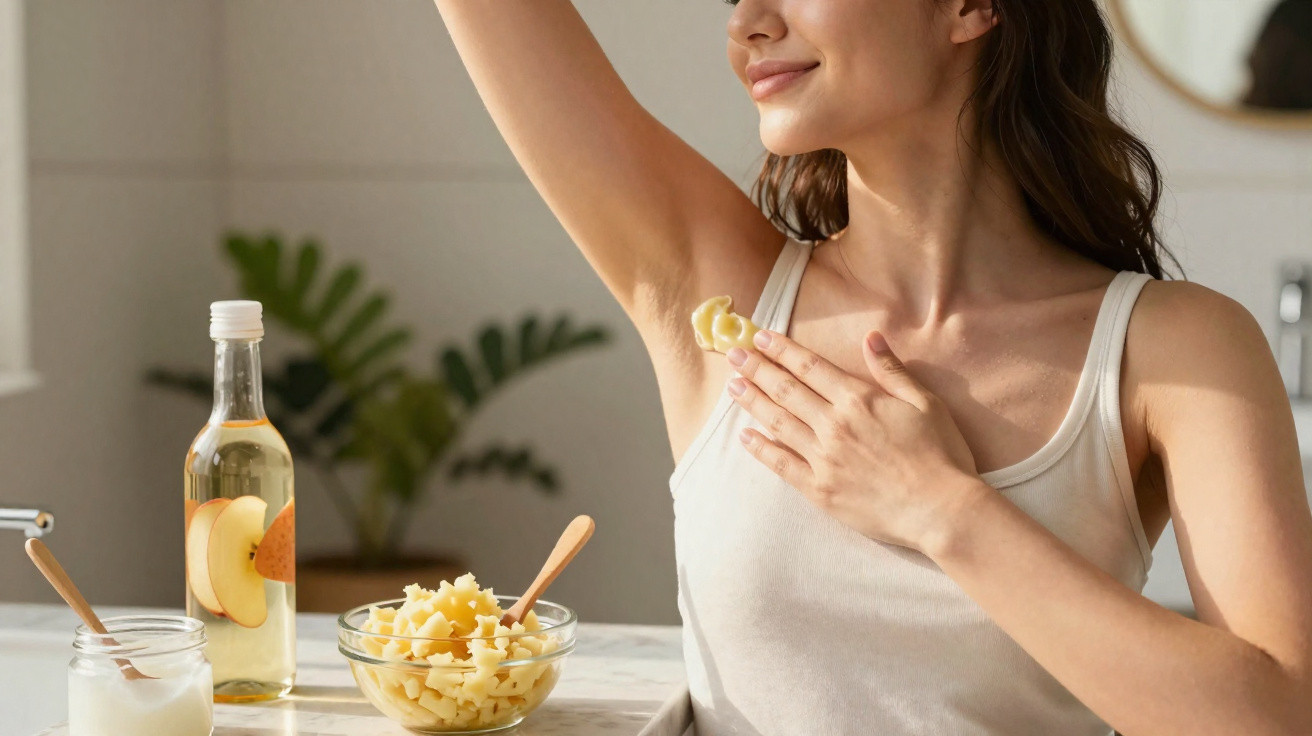 Femme appliquant un soin naturel à base de pâte sur son aisselle, jarre de crème et bouteille avec fruit en arrière-plan.