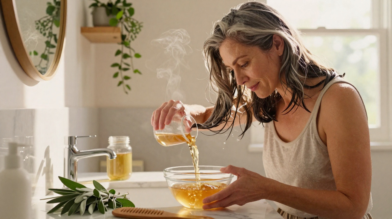 Femme versant une infusion chaude dans un bol en verre dans une salle de bain lumineuse avec plantes et miroir.