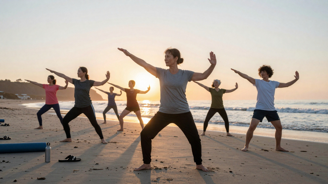 Groupe de personnes pratiquant du tai-chi sur la plage au lever du soleil, posture avec bras étendus.