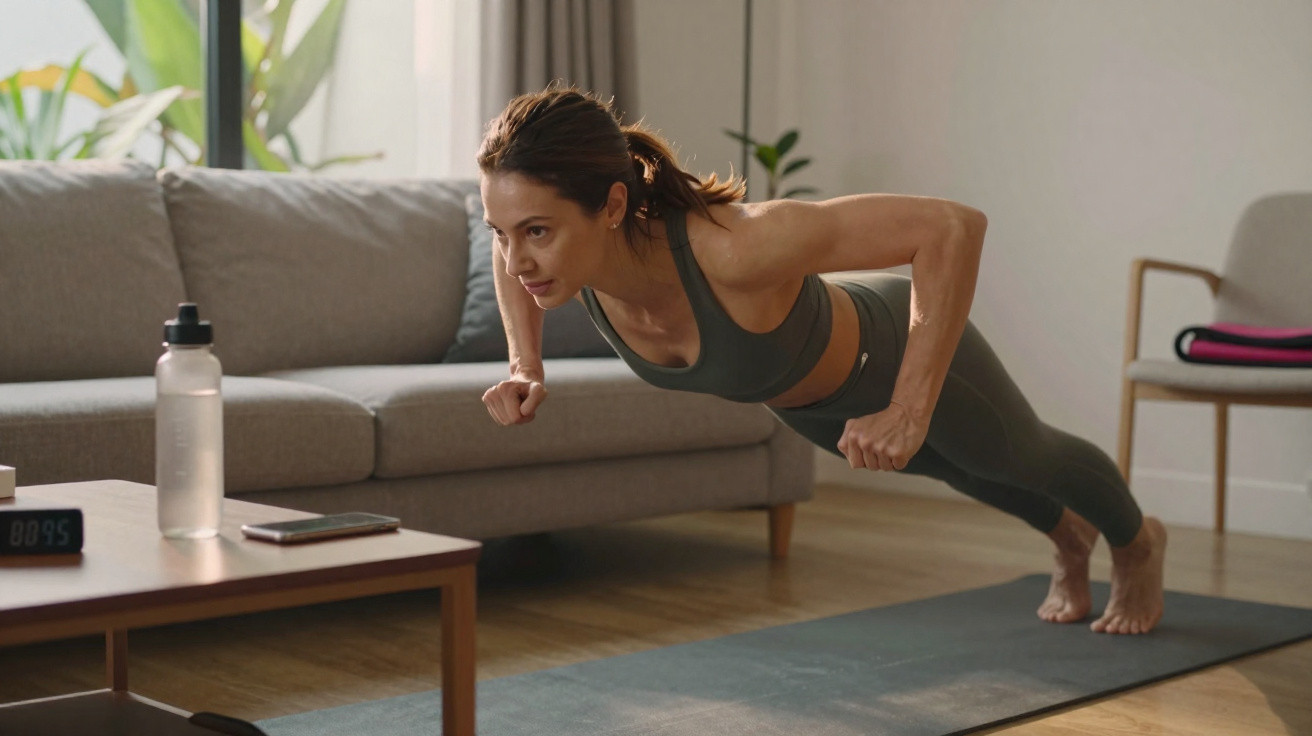 Femme en tenue de sport effectuant des pompes sur un tapis dans un salon lumineux et moderne.