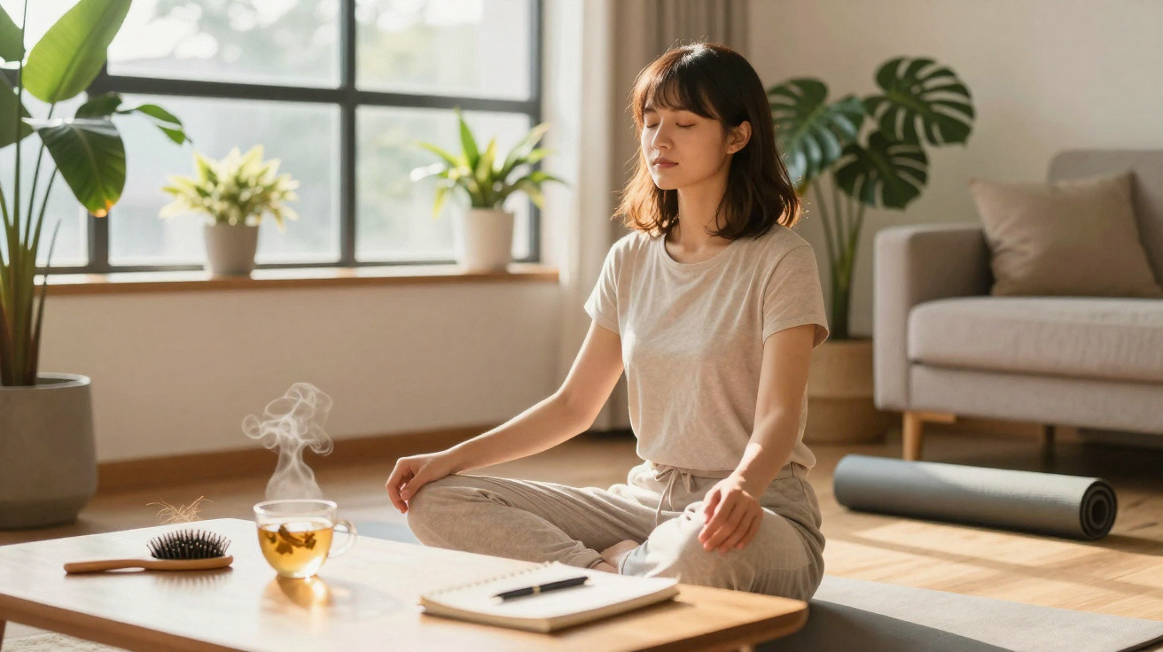 Femme méditant en tailleur dans un salon lumineux avec plante, tapis de yoga, tasse de thé et carnet devant elle.