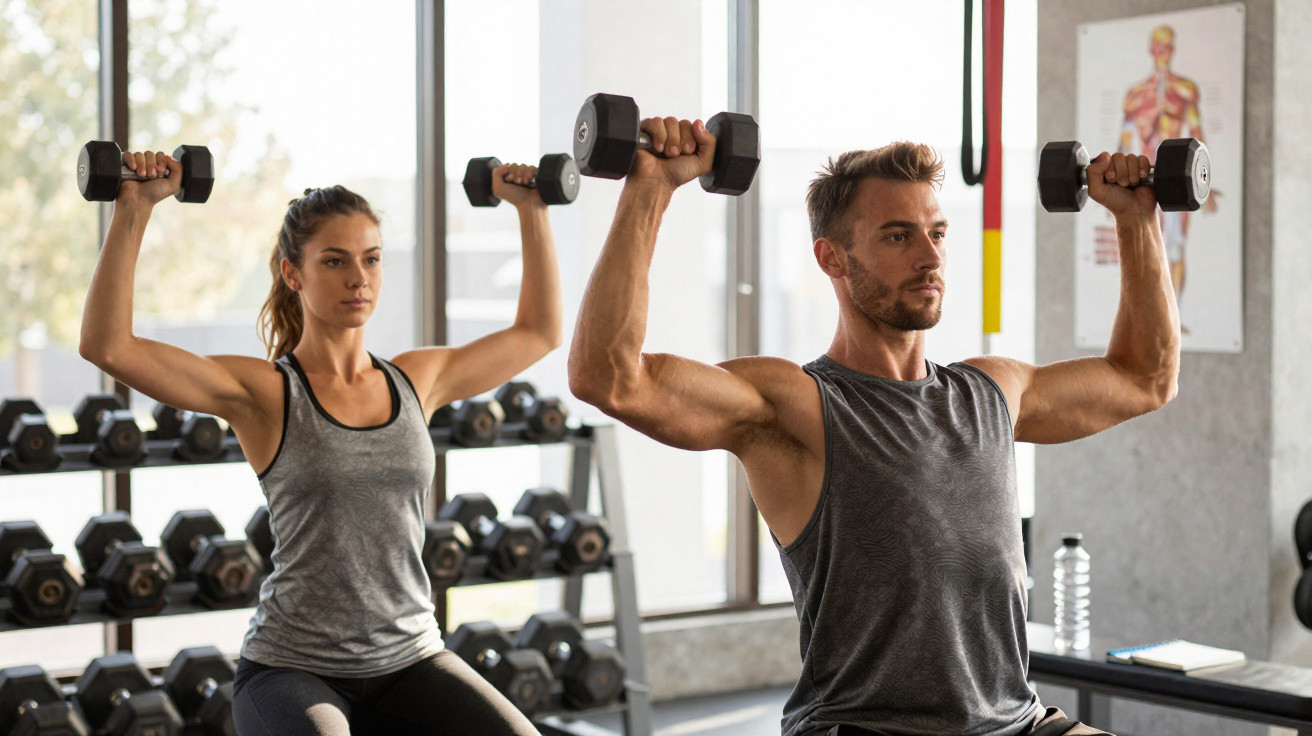 Un homme et une femme soulèvent des haltères assis dans une salle de sport lumineuse.