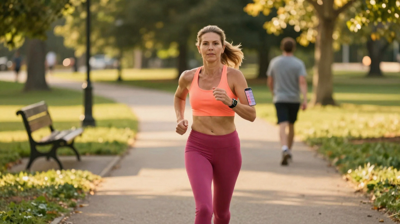 Femme courant dans un parc, vêtue de tenue de sport avec montre connectée et smartphone au bras.