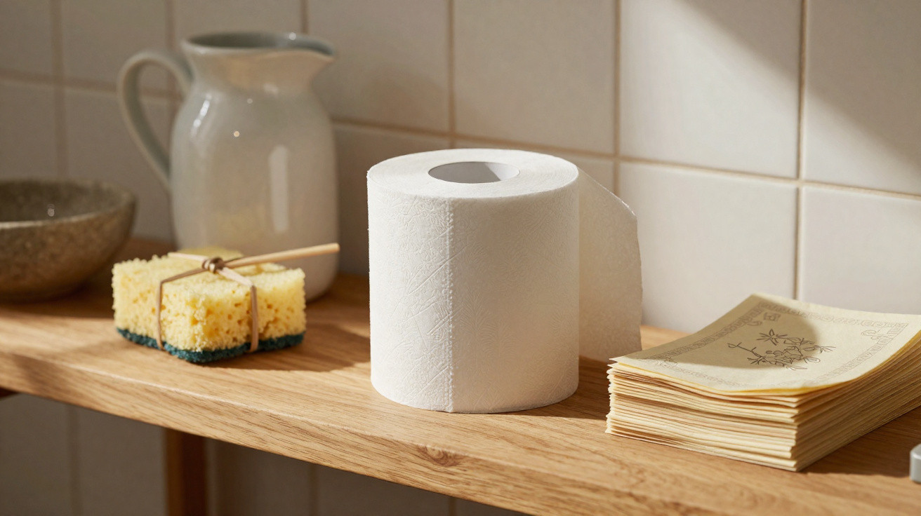Rouleau de papier toilette blanc sur une étagère en bois avec éponges, pichet et paquets de feuilles.