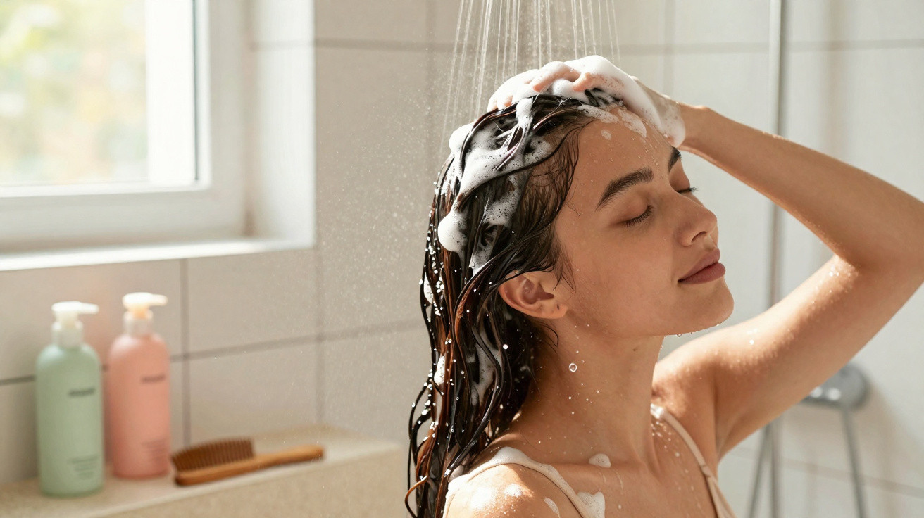 Femme se lavant les cheveux sous la douche avec des bulles de shampooing dans une salle de bain lumineuse.