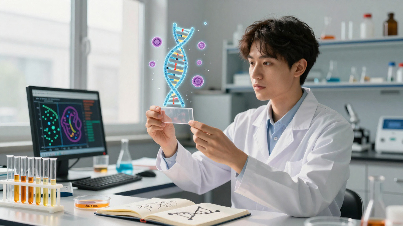 Scientifique en blouse blanche analysant un hologramme d'ADN dans un laboratoire moderne.