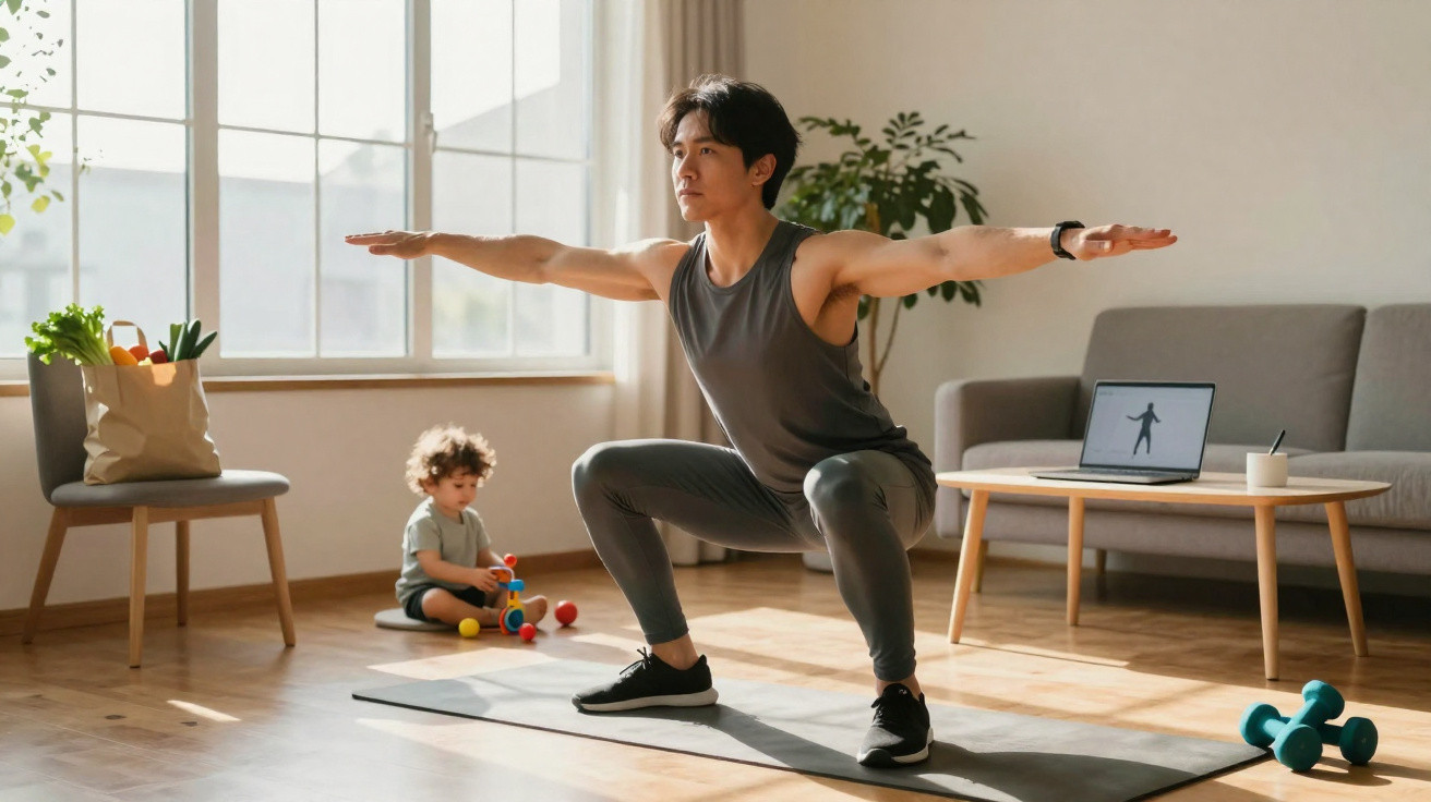 Homme en tenue de sport faisant des squats sur un tapis dans un salon lumineux, un enfant joue en arrière-plan.