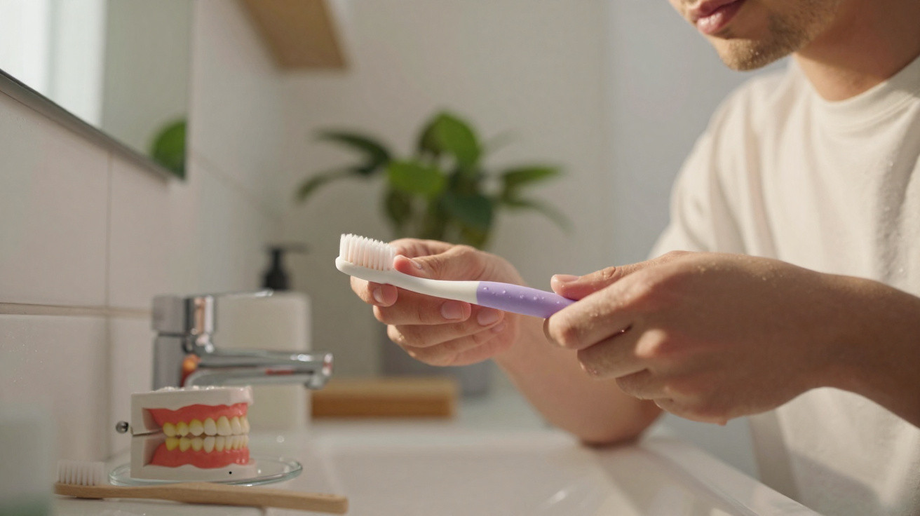 Un homme tient une brosse à dents devant un modèle de dents sur un lavabo lumineux.