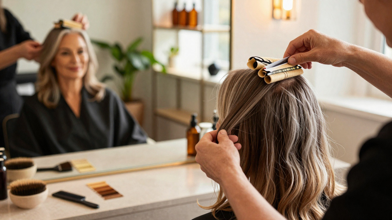 Une femme se fait coiffer les cheveux avec des bigoudis dans un salon de beauté moderne.