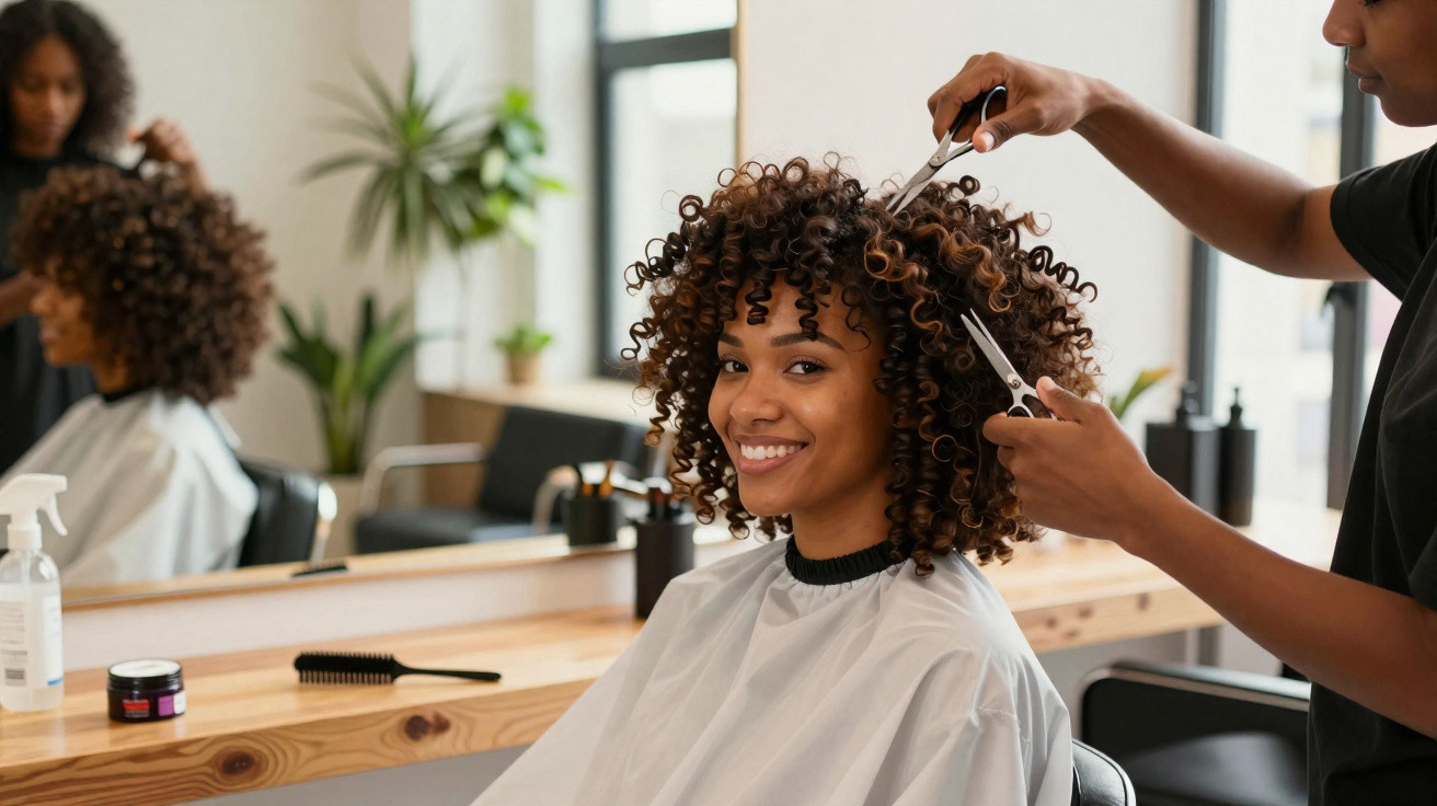 Femme souriante se faisant couper les cheveux bouclés dans un salon de coiffure lumineux.