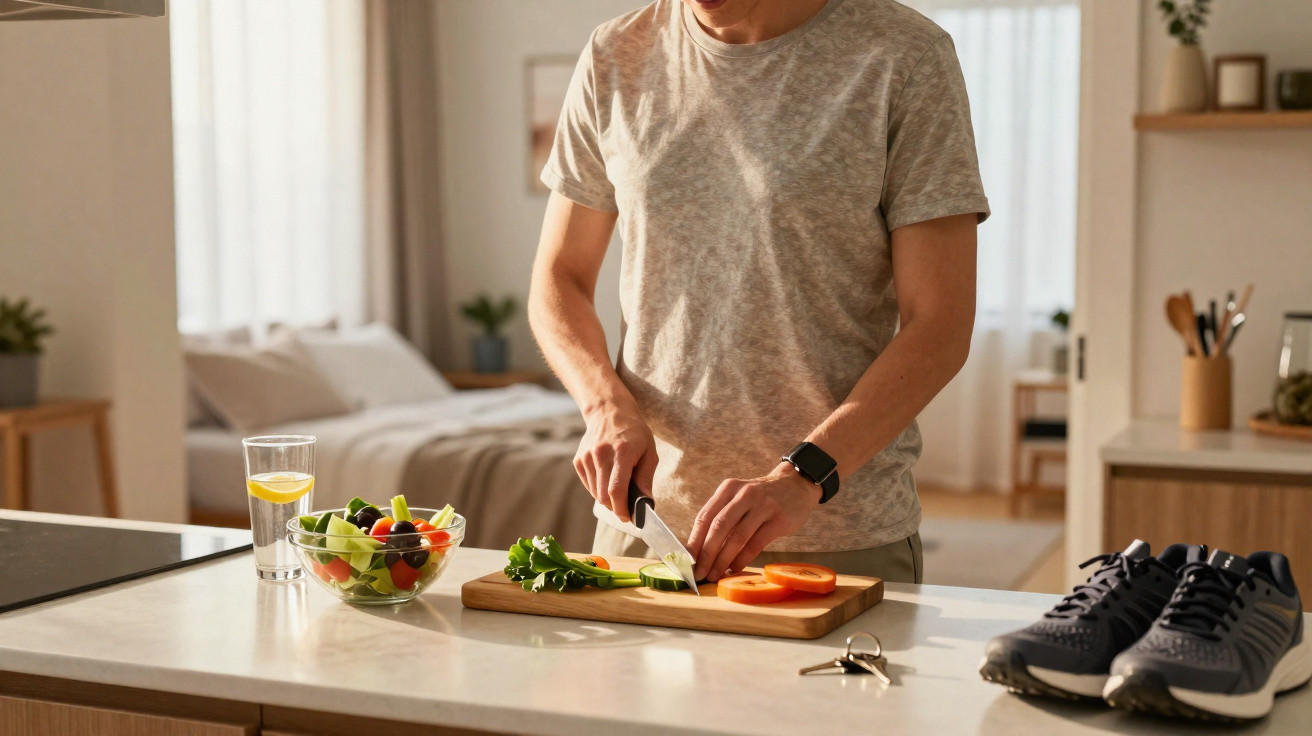 Personne coupant des légumes frais sur une planche en bois dans une cuisine lumineuse et moderne.