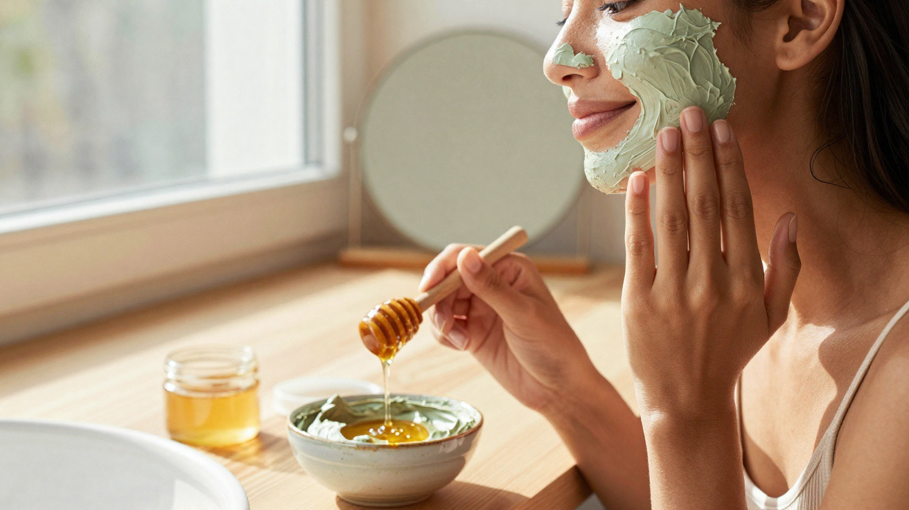 Femme appliquant un masque facial vert avec un bol de miel devant elle, près d’une fenêtre lumineuse.