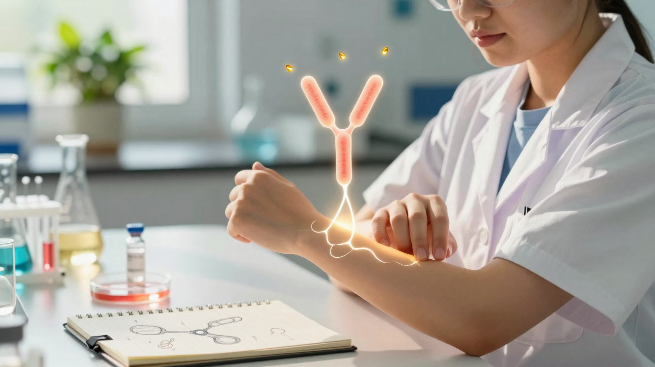 Chercheuse en blouse blanche simulant une liaison d'anticorps sur son avant-bras en laboratoire.