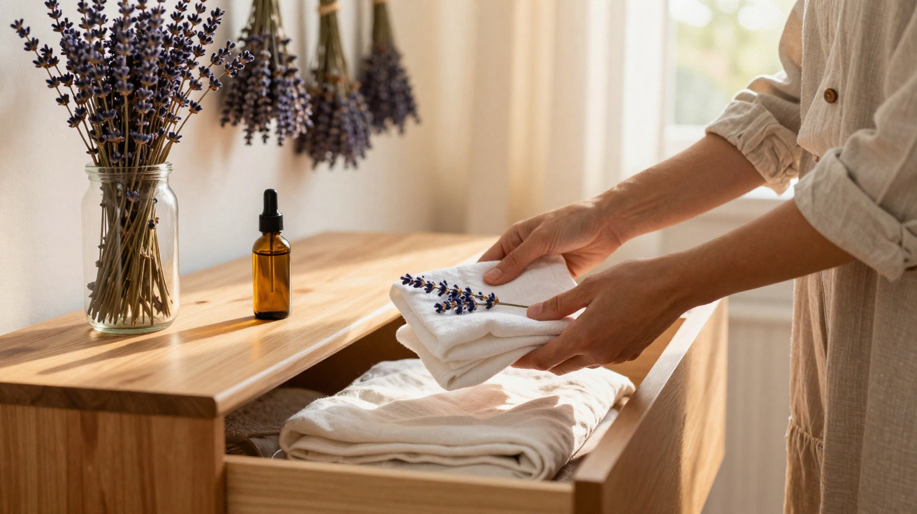 Mains pliant un linge blanc avec une branche de lavande, pot en verre et flacon sur meuble en bois clair.