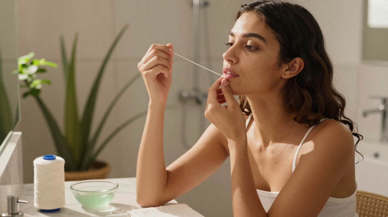 Femme utilisant du fil dentaire dans une salle de bain lumineuse avec plantes en arrière-plan.