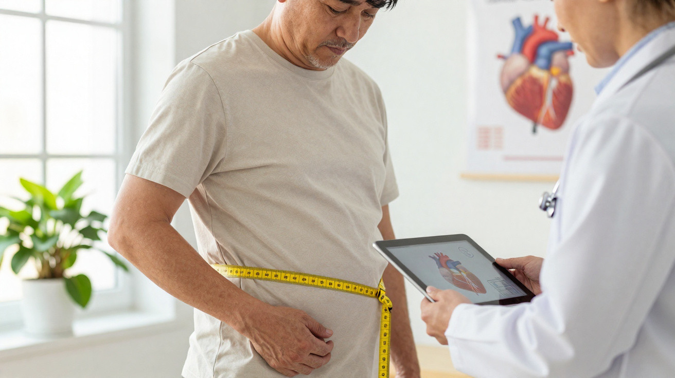Homme mesurant son tour de taille auprès d'un médecin consultant un schéma du cœur sur une tablette.